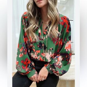 Ee:some Women’s Blouse Green Abstract V-Neck Tie Front Balloon Sleeve Sz Medium